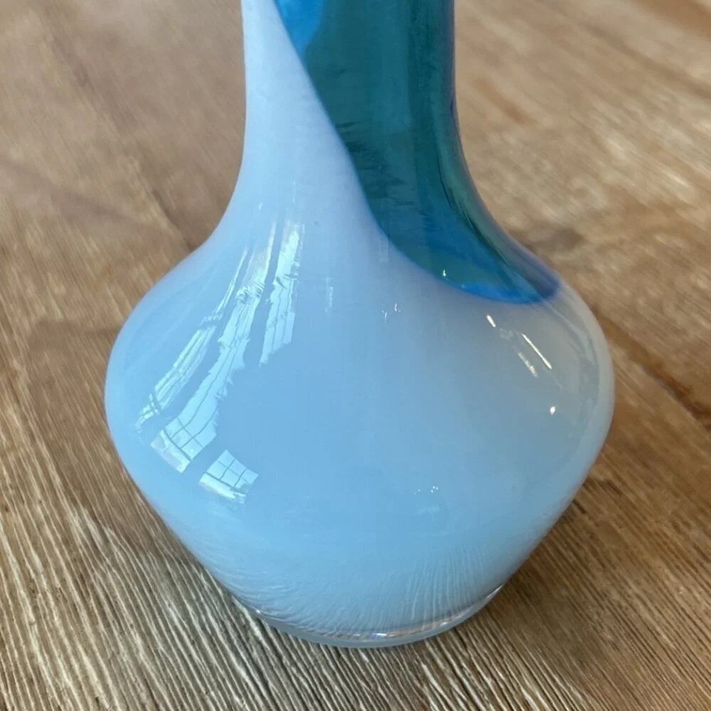Vintage Hand Blown Glass Blue Swirl Bud Vase 5.75” H